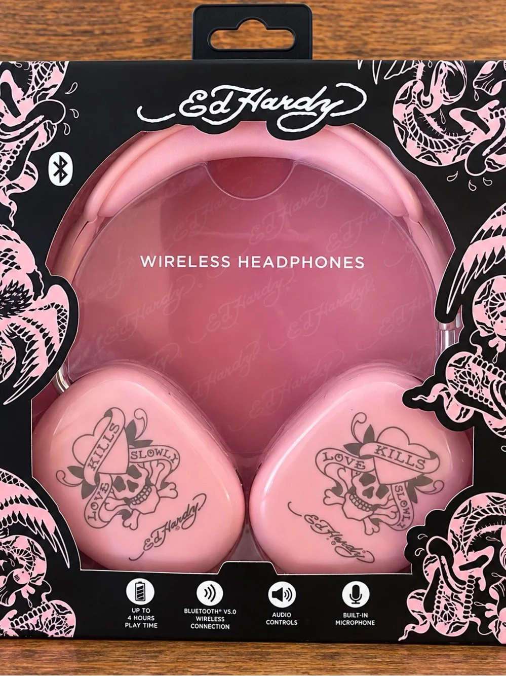 Ed Hardy Pink Tattoo-Print Wireless Headphones Bluetooth Over-Ear